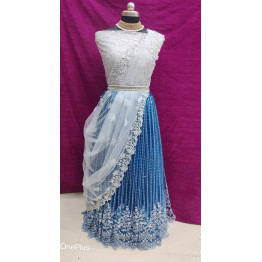 NET SILVER  WORK  LEHANGA BLUE COLOUR